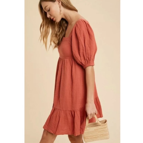 SOLD OUT Burnt Coral Gauze Boho Ruffle Babydoll Dress - Picture 5 of 7